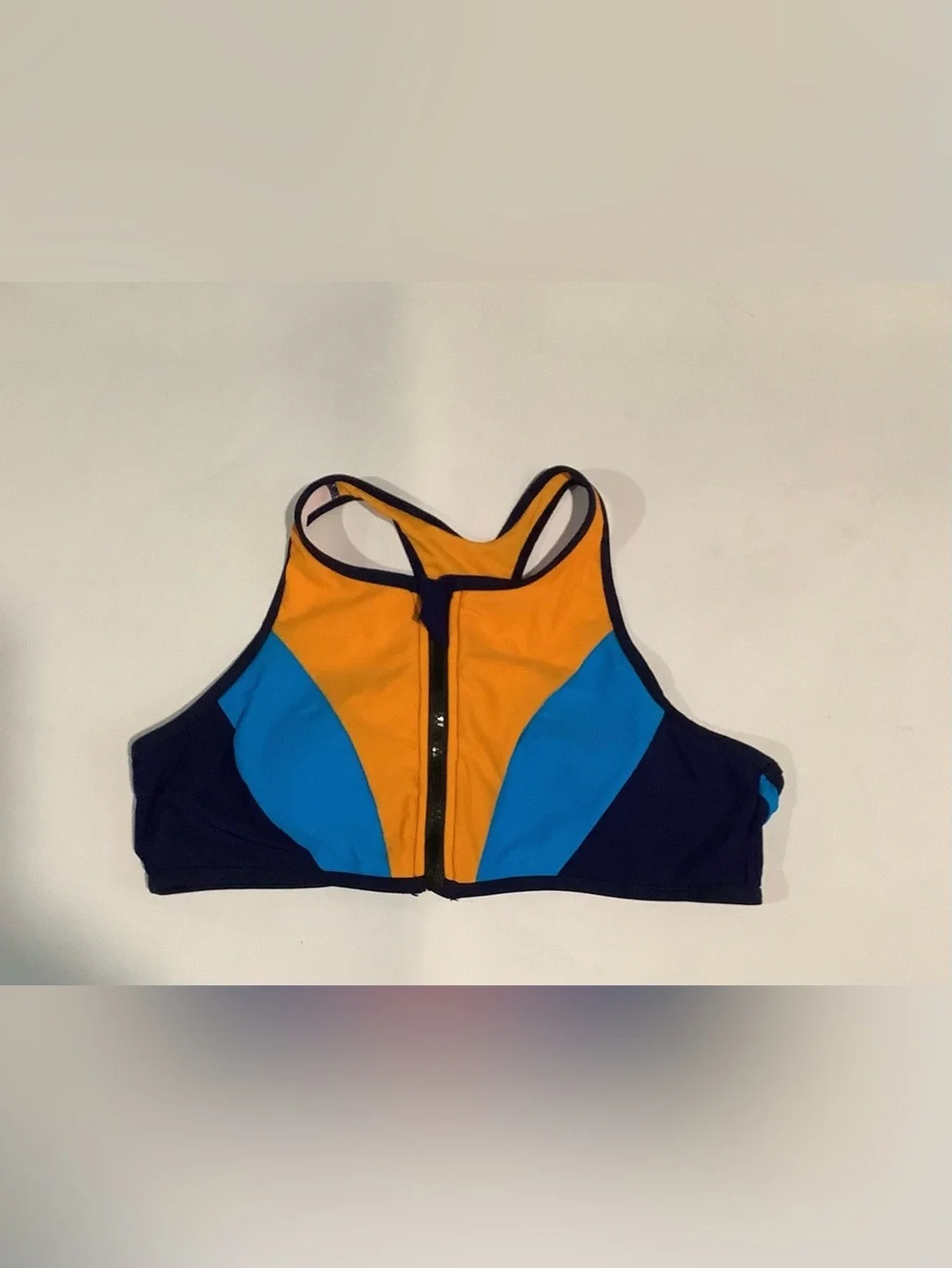 Front-Zip Women’s High-Impact Sports Bra in Orange, Blue & Navy